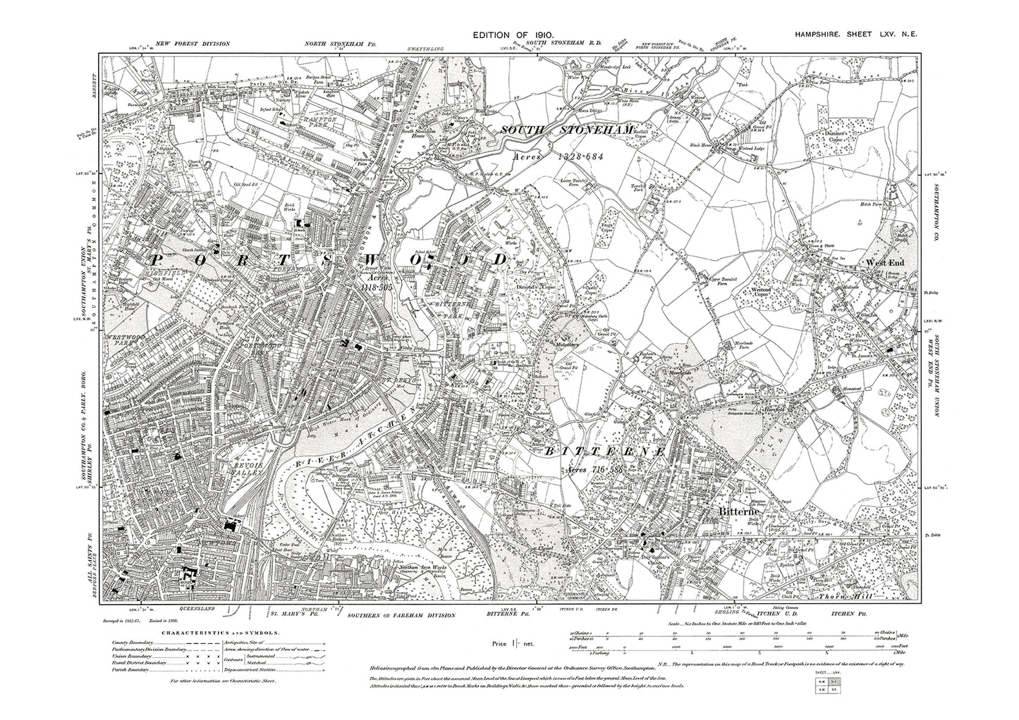 Old OS map dated 1910, showing Southampton Portswood, West End, Bitterne in Hampshire - 65NE