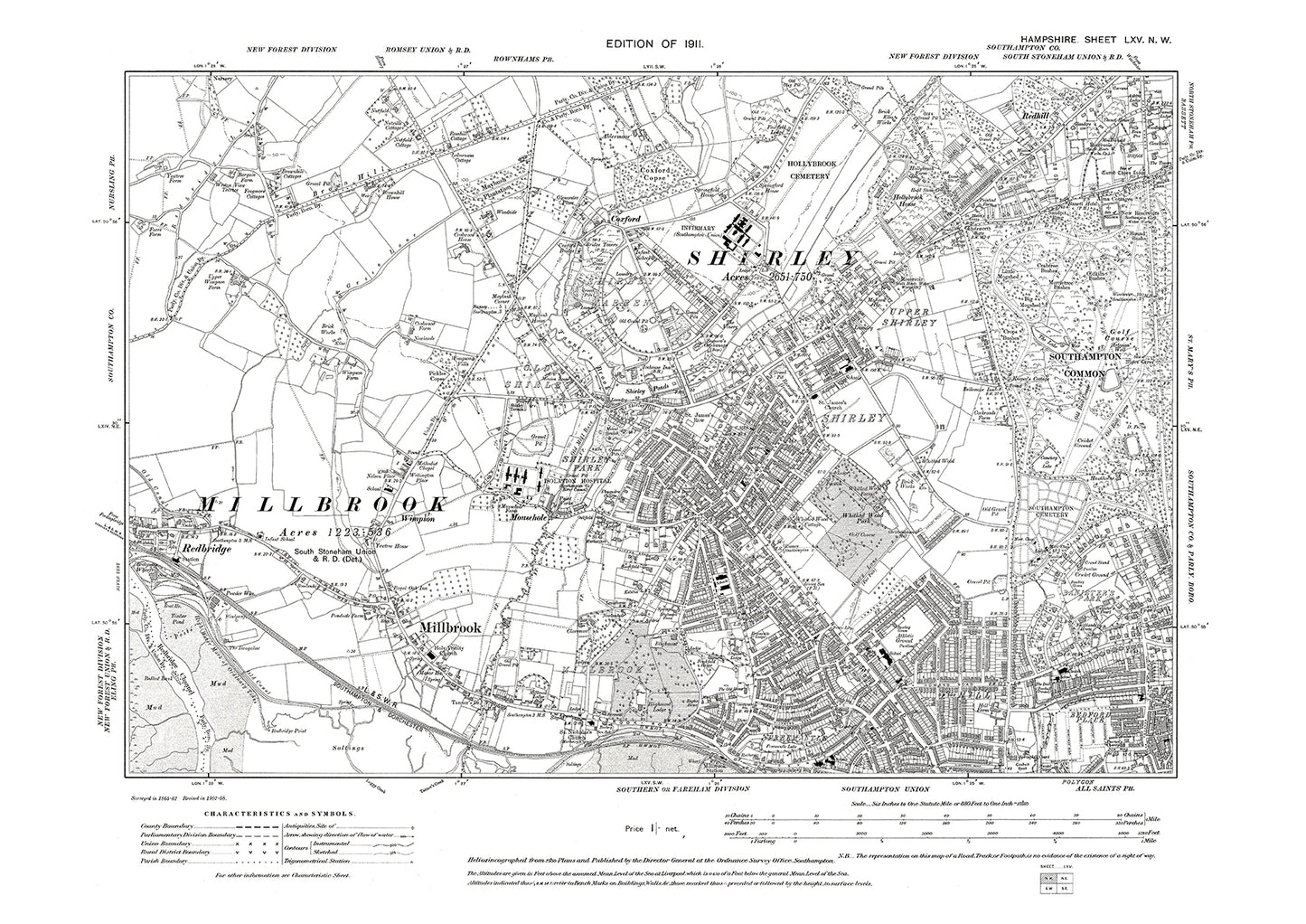 Old OS map dated 1911, showing Southampton Shirley, Millbrook, Redbridge in Hampshire - 65NW