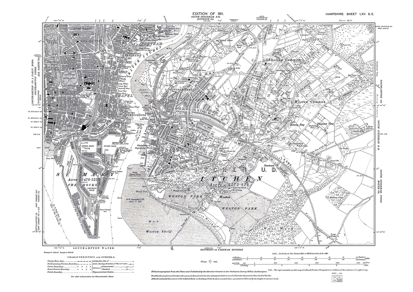 Old OS map dated 1911, showing Southampton Chapel, St Mary, Docks, Itchen in Hampshire - 65SE