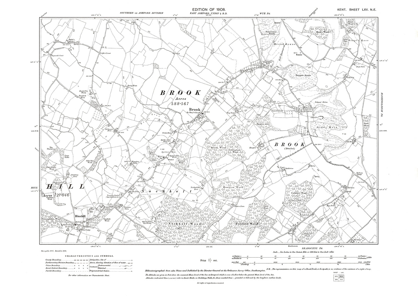 Brook, Hinxhill, old map Kent 1908: 65NE