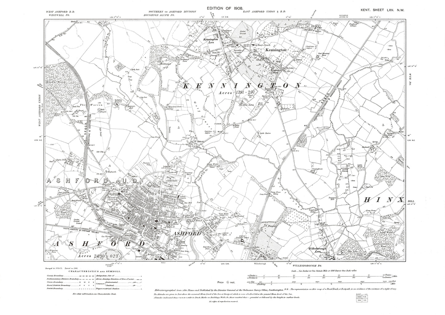 Ashford, Kennington, Hinxhill, old map Kent 1908: 65NW