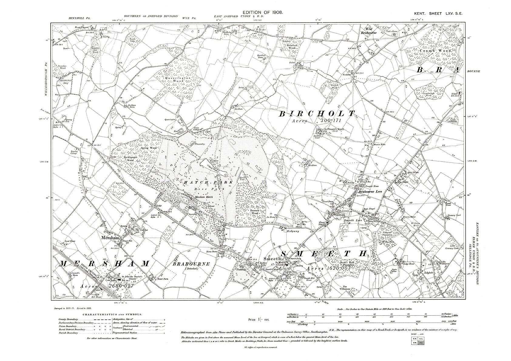 Mersham, Brabourne Lees, Smeeth, Bircholt, old map Kent 1908: 65SE ...