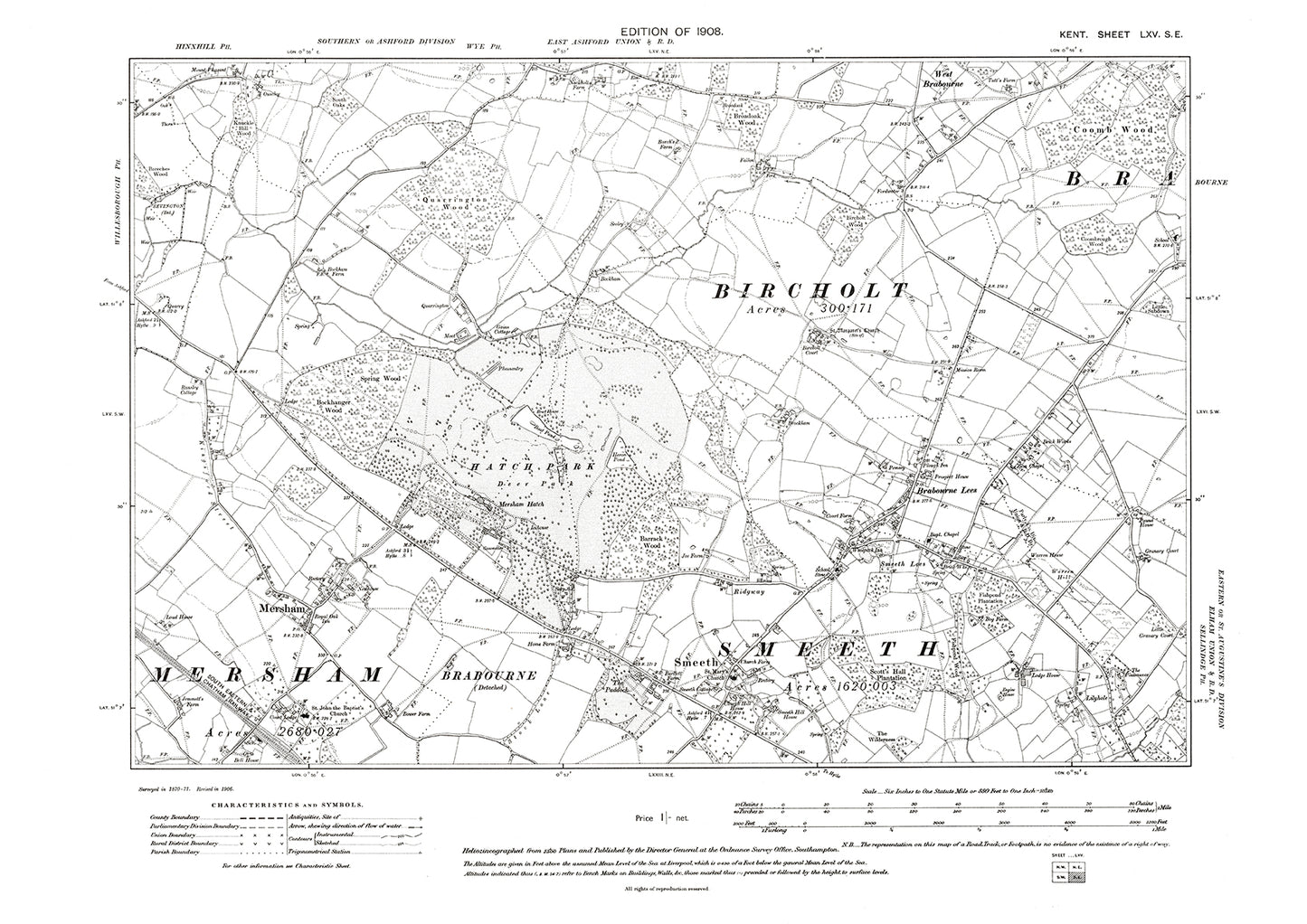 Mersham, Brabourne Lees, Smeeth, Bircholt, old map Kent 1908: 65SE