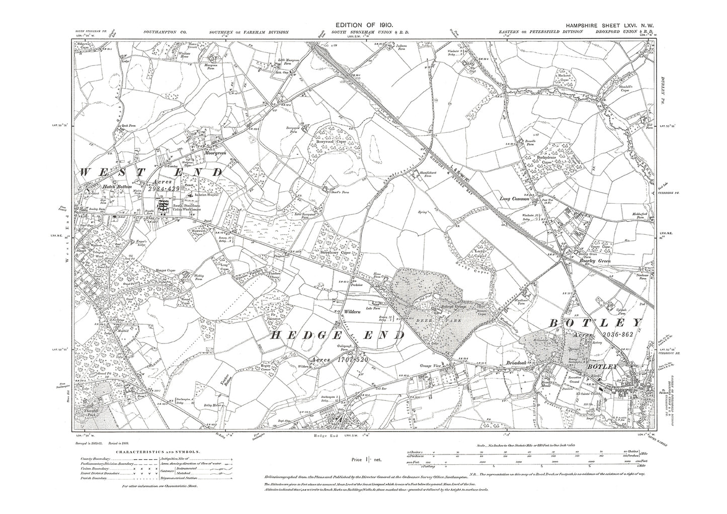 Old OS map dated 1910, showing Botley, Hedge End (north), Hatch Bottom, Moorgreen in Hampshire - 66NW