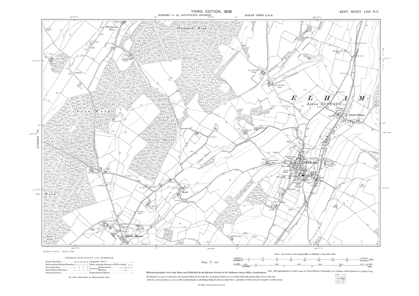 Elham, old map Kent 1908: 66NE