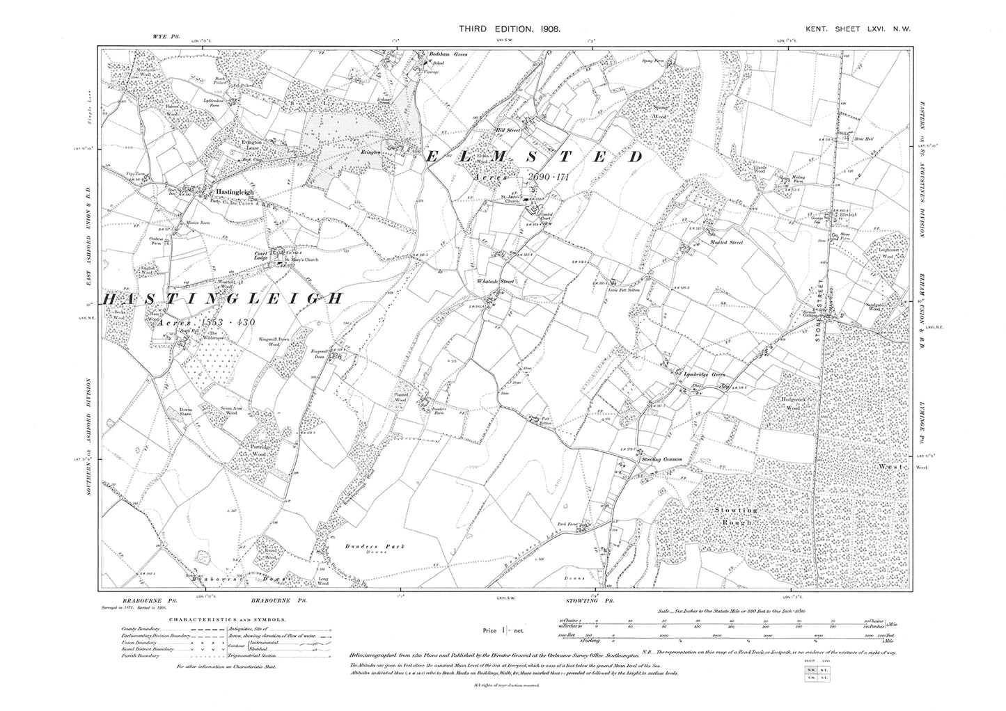 Elmsted, Hastingleigh, old map Kent 1908: 66NW
