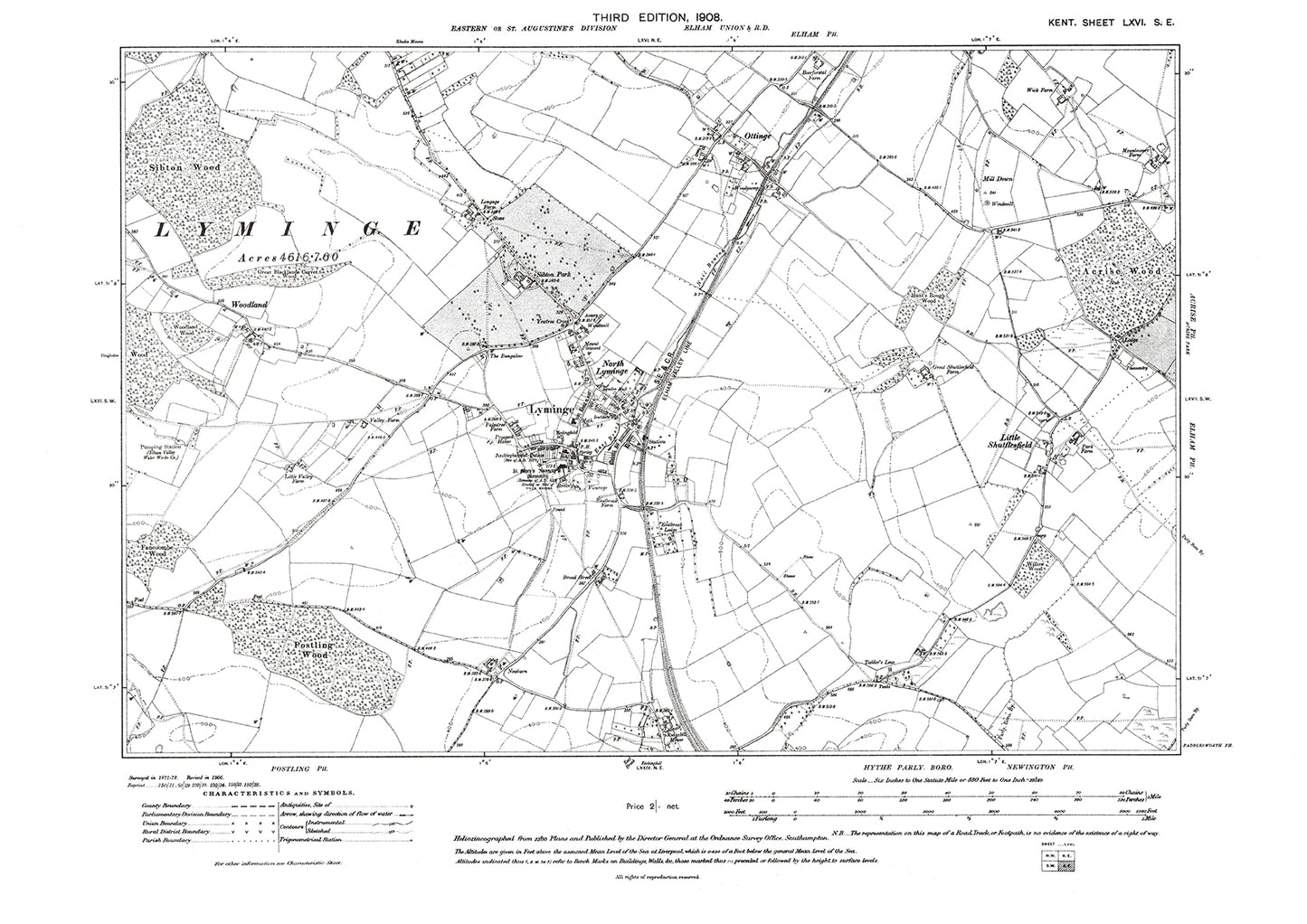 Lyminge, Ottinge, old map Kent 1908: 66SE
