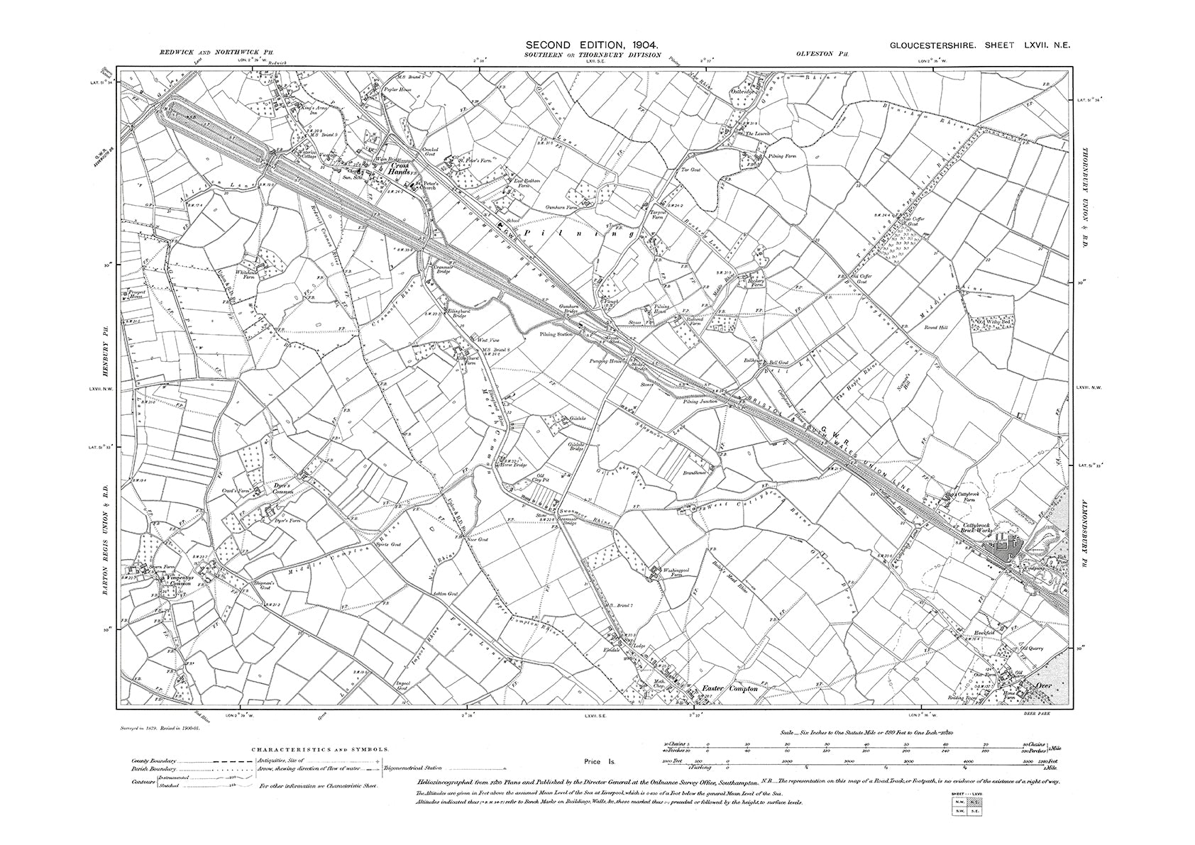 Old OS map dated 1903, showing Cross Hands, Over, Easter Compton in Gl ...