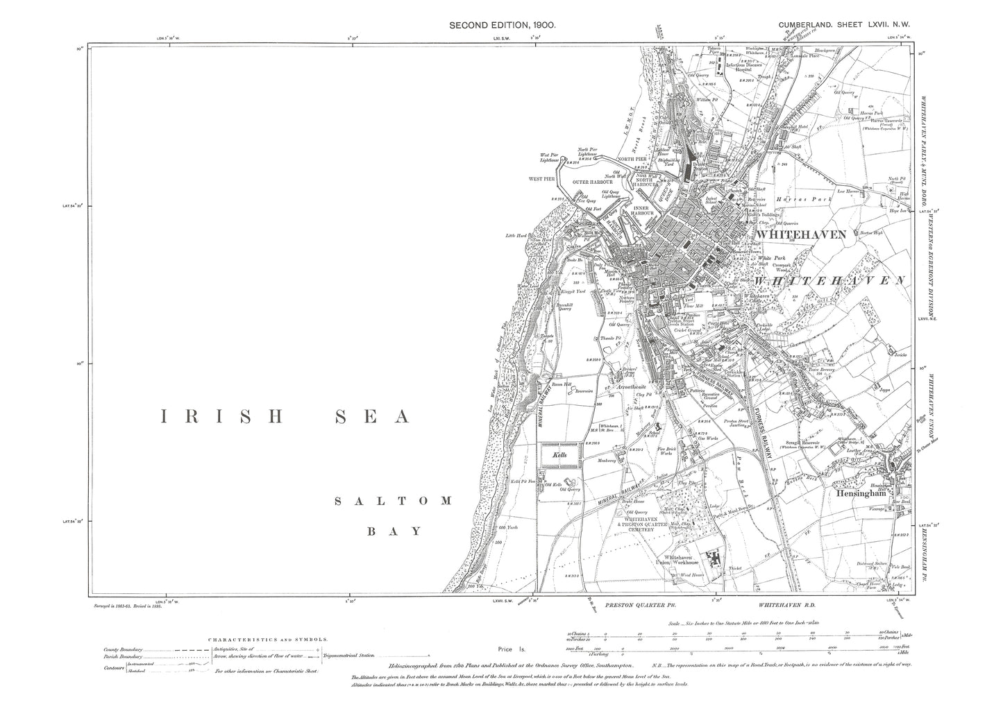 Old OS map dated 1900, showing Whitehaven, Hensingham (west) in Cumberland - 67NW