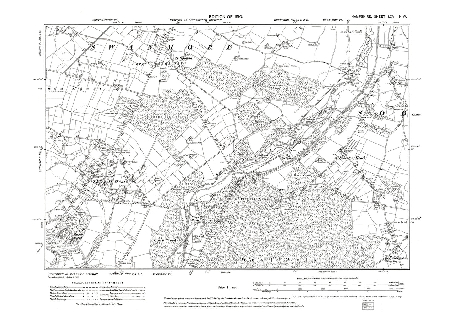 Old OS map dated 1910, showing Shirrell Heath, Hillpound, Soberton in Hampshire - 67NW