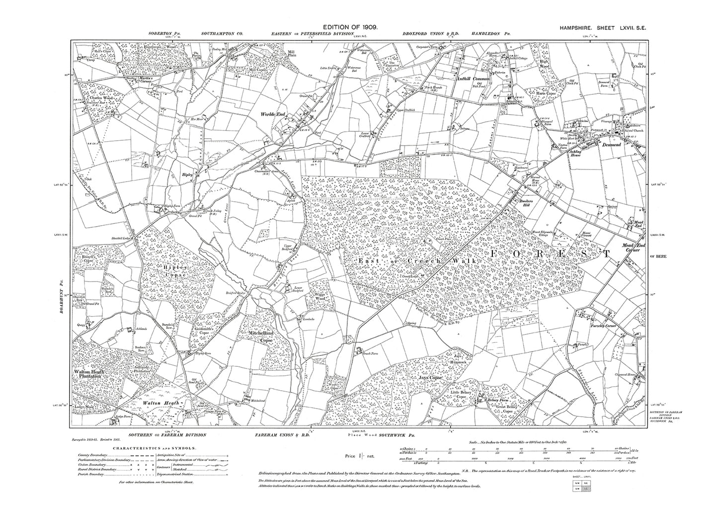Old OS map dated 1909, showing Denmead in Hampshire - 67SE
