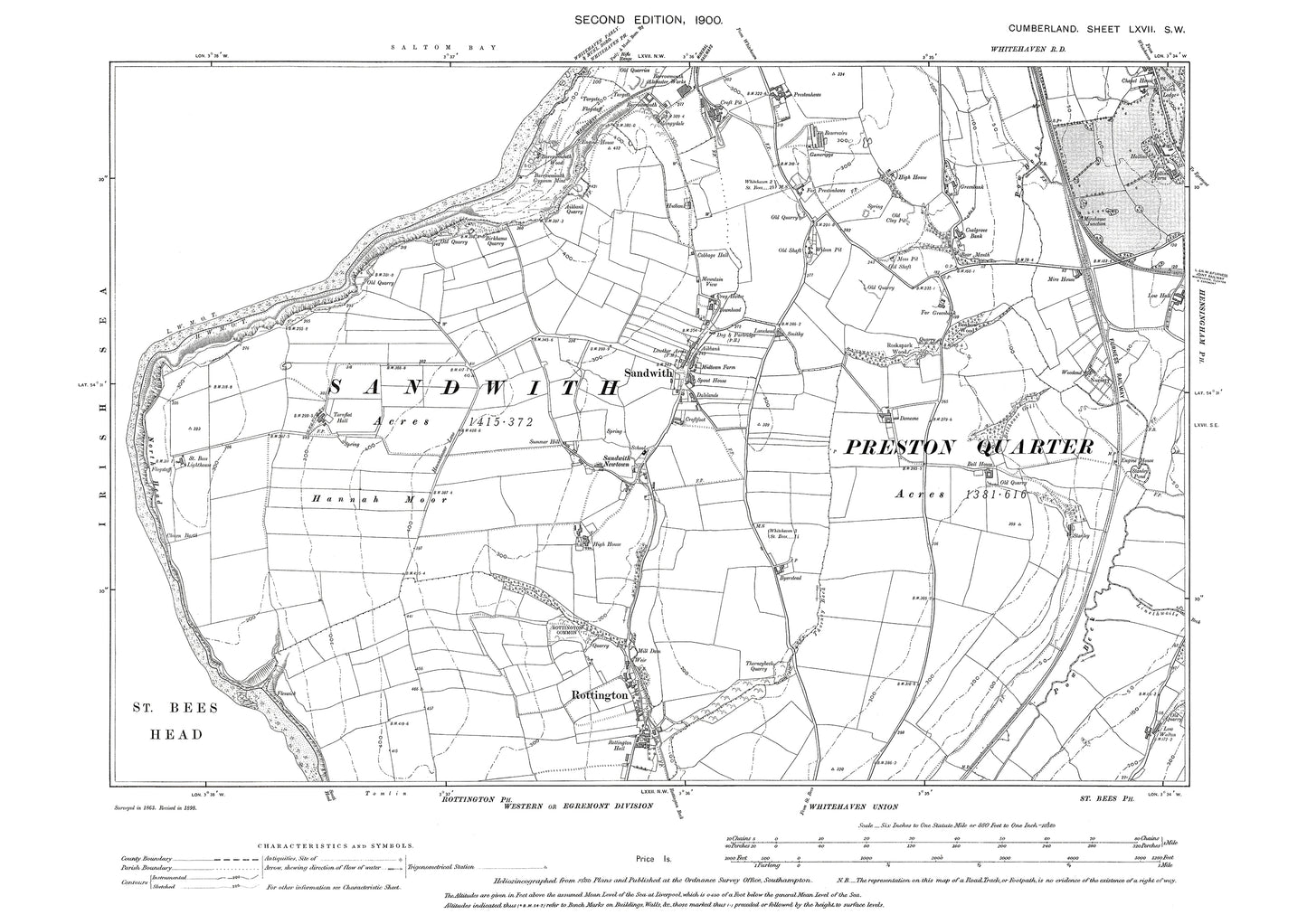 Old OS map dated 1900, showing Rottington, Sandwith in Cumberland - 67SW