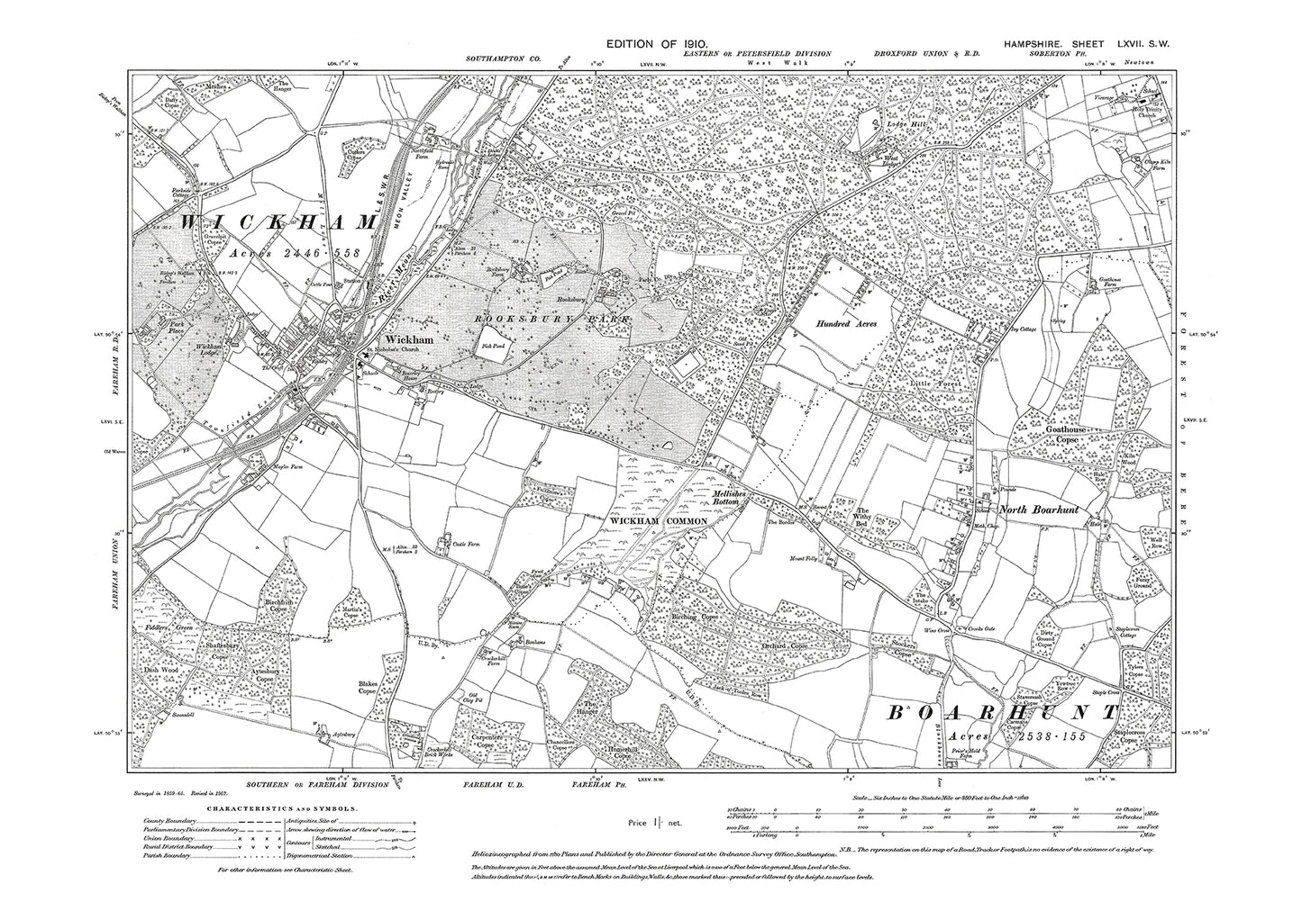 Old OS map dated 1910, showing Wickham, North Boarhunt in Hampshire - 67SW