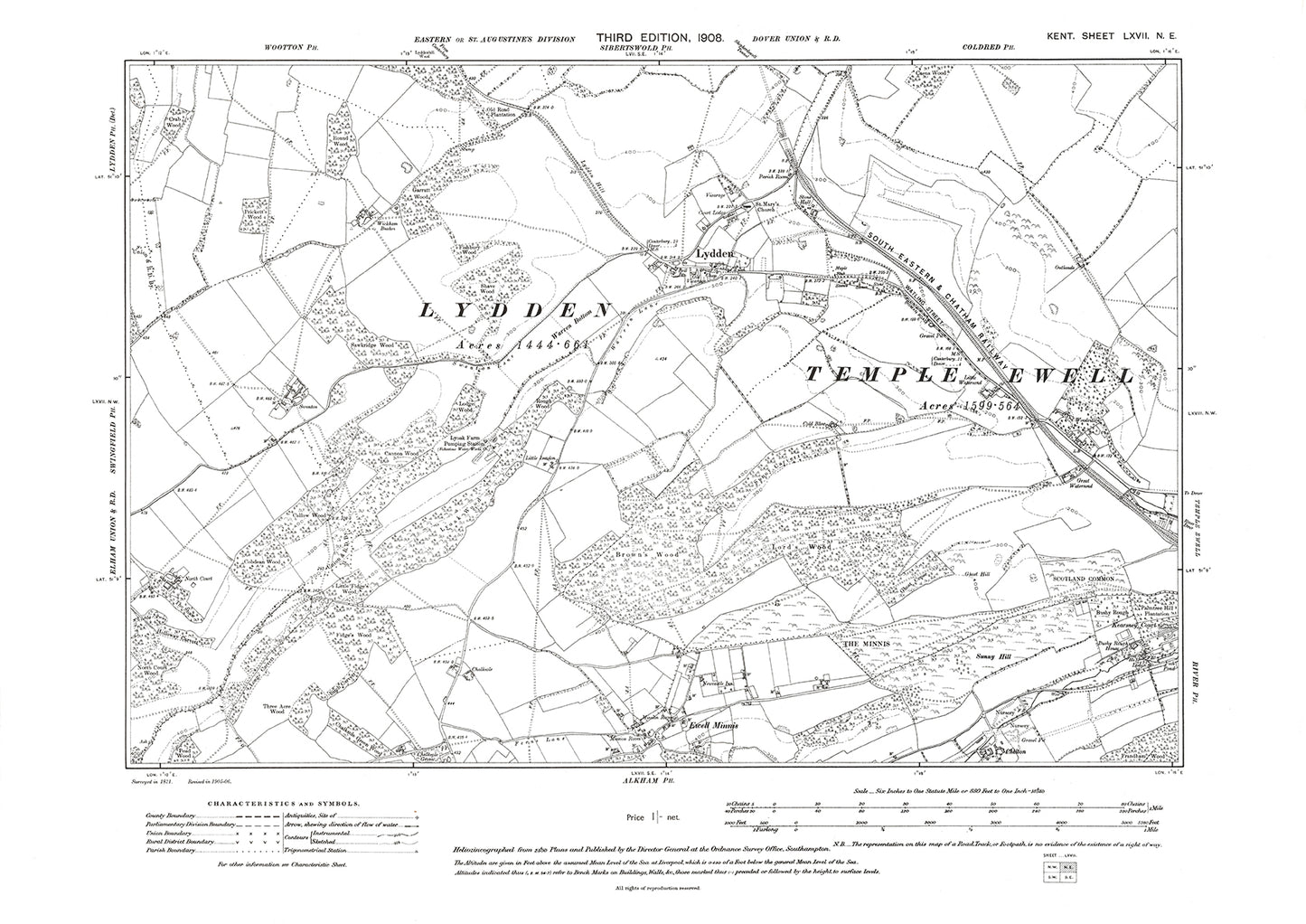 Lydden, Temple Ewell, Ewell Minnis, old map Kent 1908: 67NE