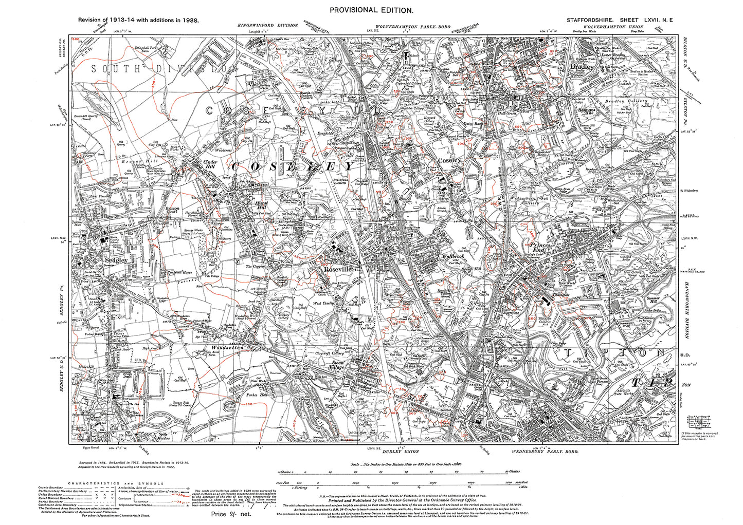 Wednesbury (north), Roseville, Sedgley, Coseley, Bradley, old map Staffs 1938: 67NE