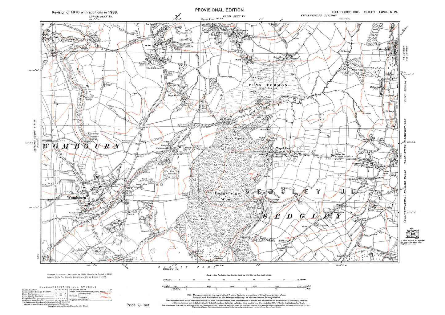 Wombourn, Upper Penn (south), Penn Common, Coseley (west), old map Staffs 1938: 67NW