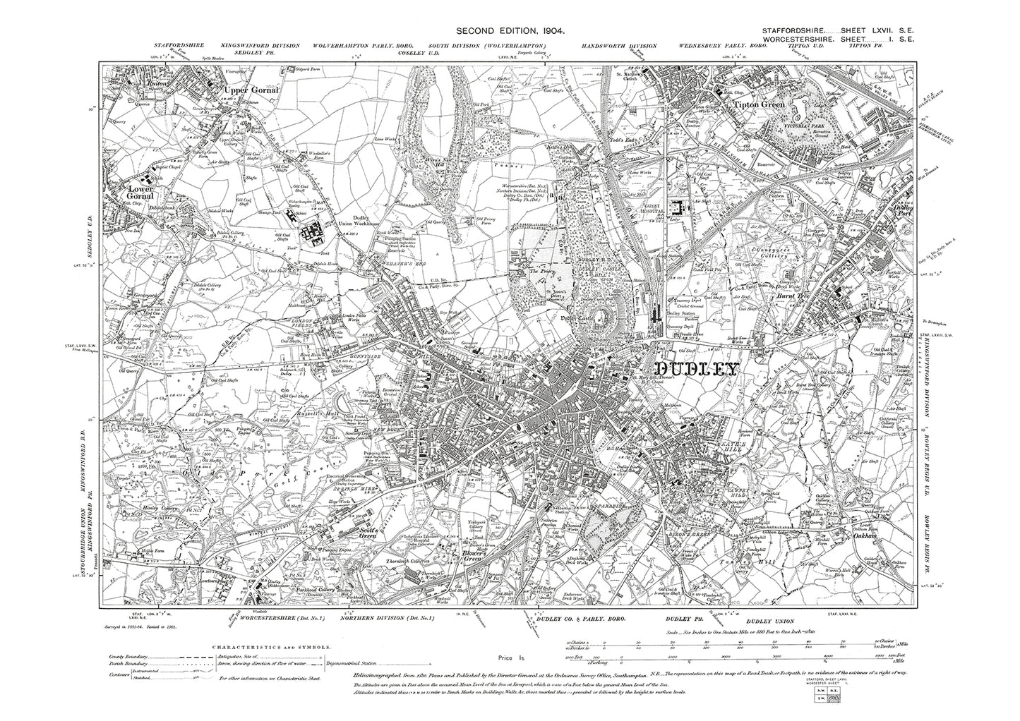 Dudley (Worcestershire), Tipton Green (south), Upper and Lower Gornal (parts), old map Staffs 1904: 67SE