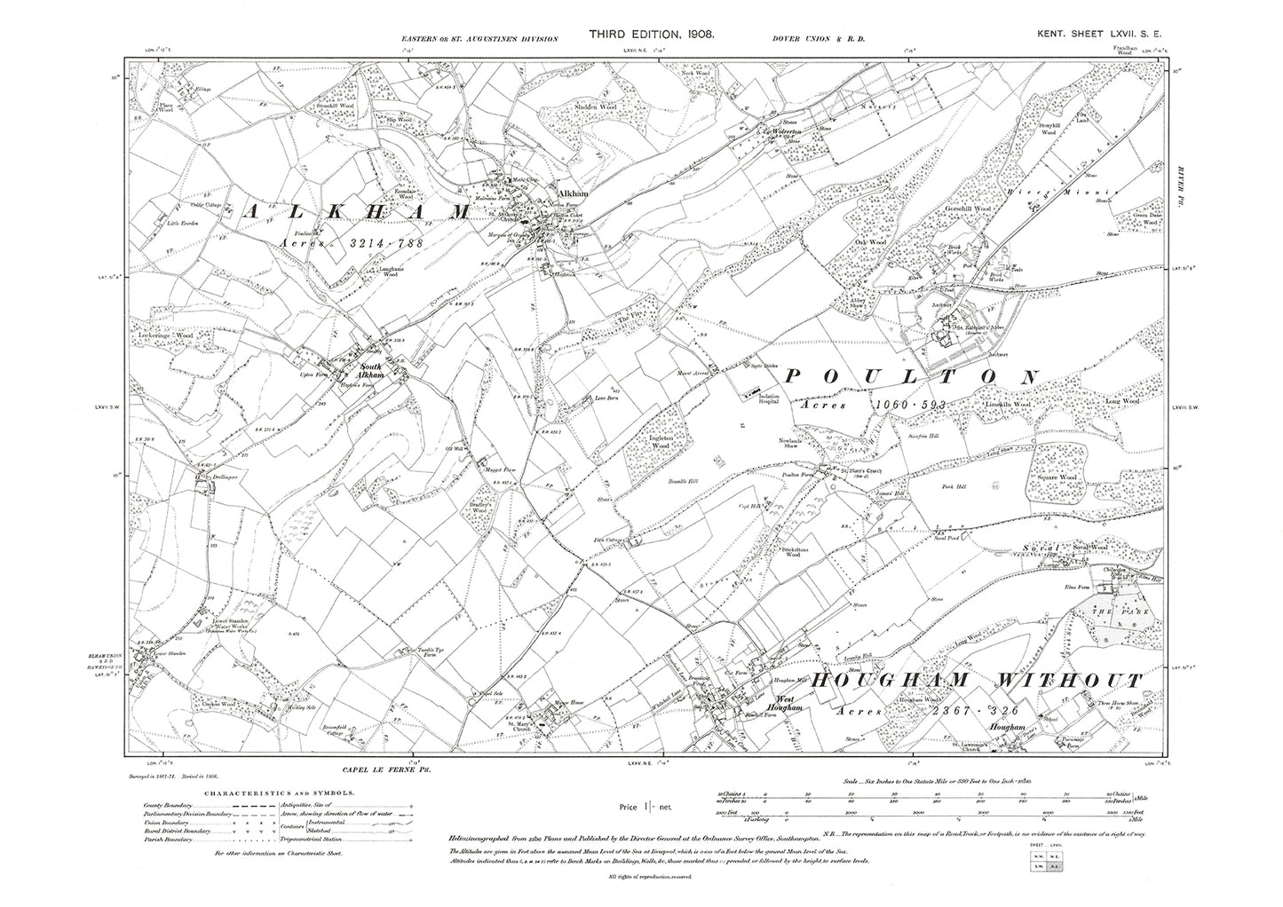 Alkham, West Hougham, old map Kent 1908: 67SE