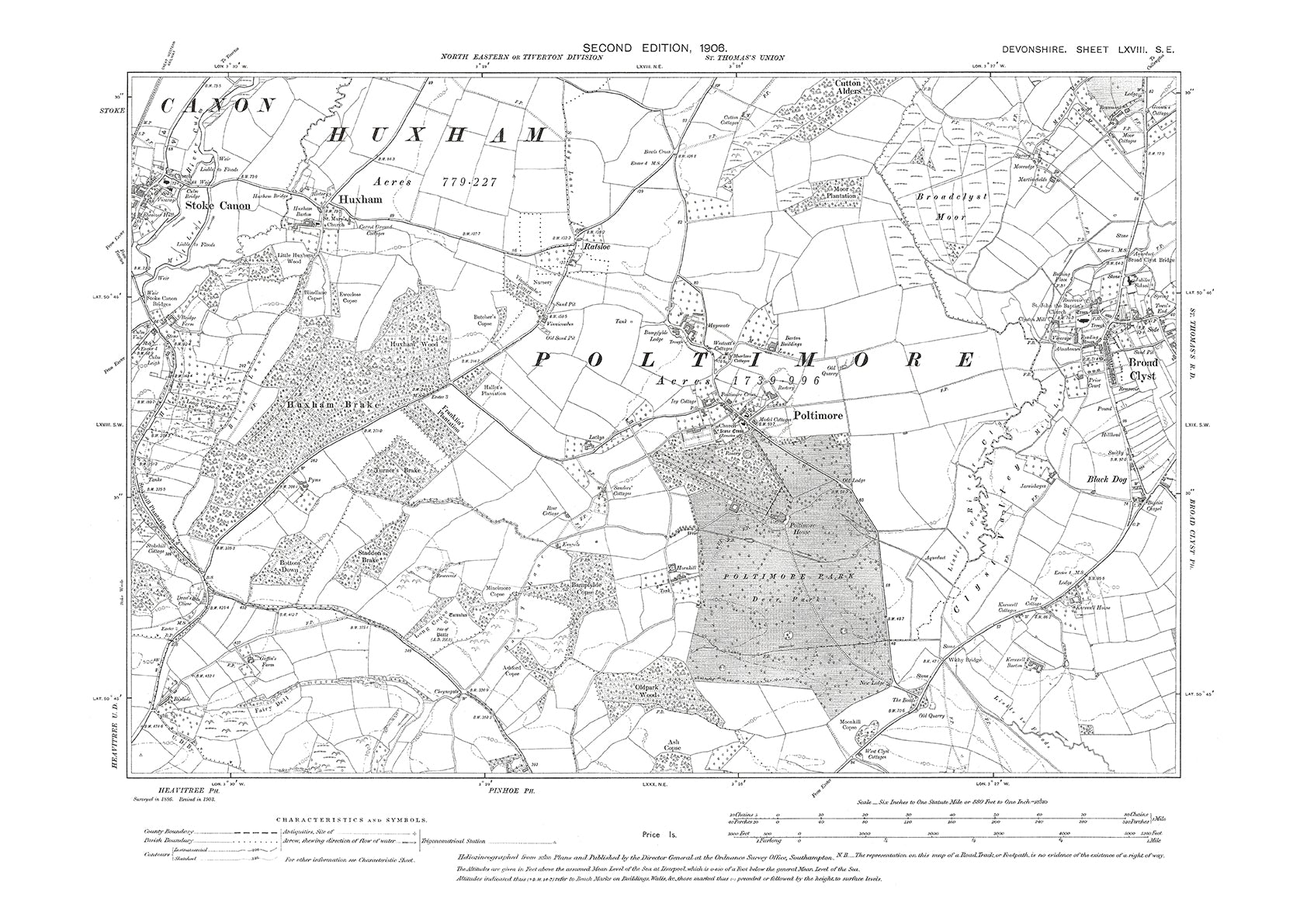 Broad Clyst Poltimore Stoke Canon Huxham Old Map Devon 1906 68SE broad-clyst-poltimore-stoke-canon-huxham-old-map-devon-1906-68se