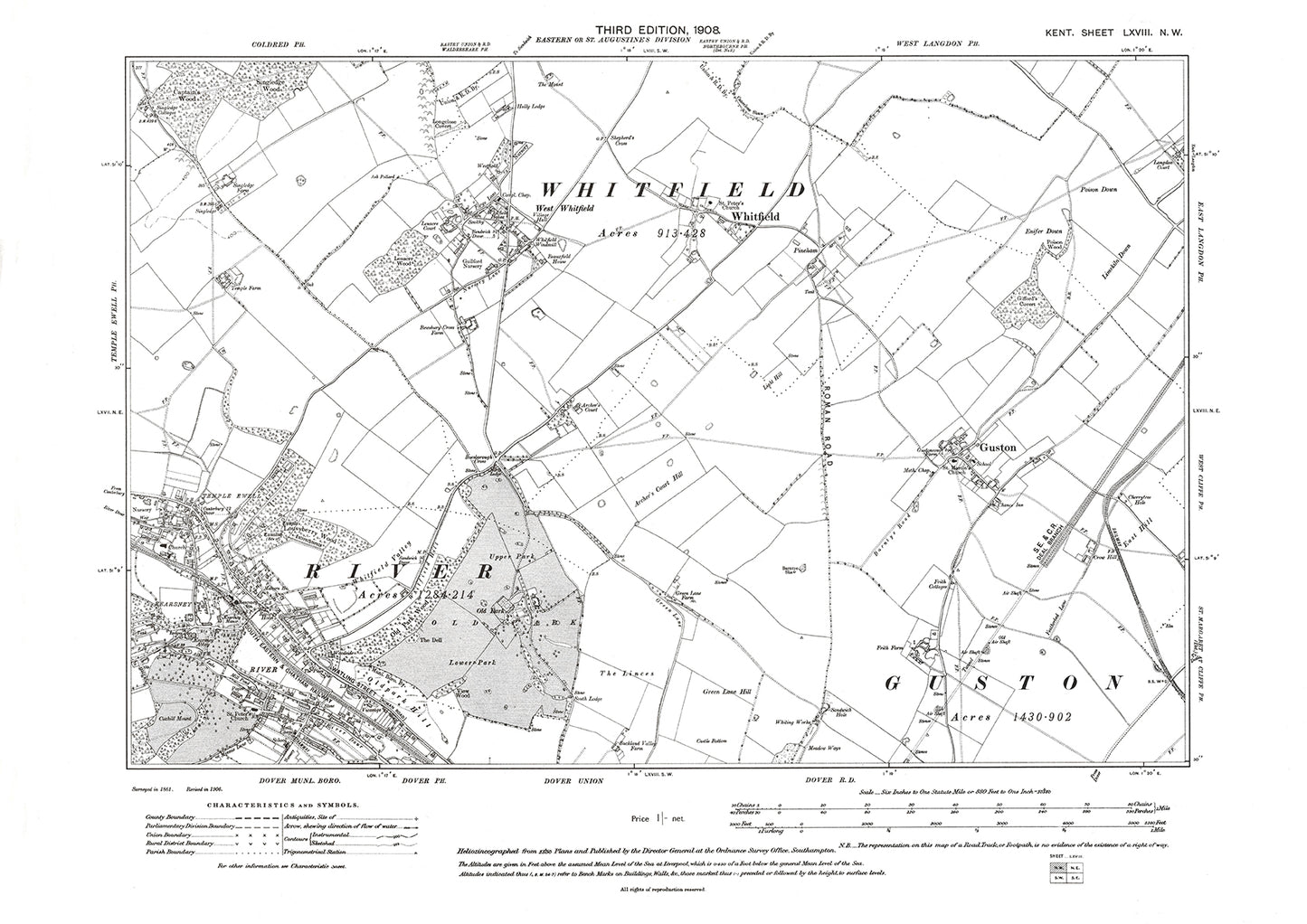 River, Whitfield, old map Kent 1908: 68NW