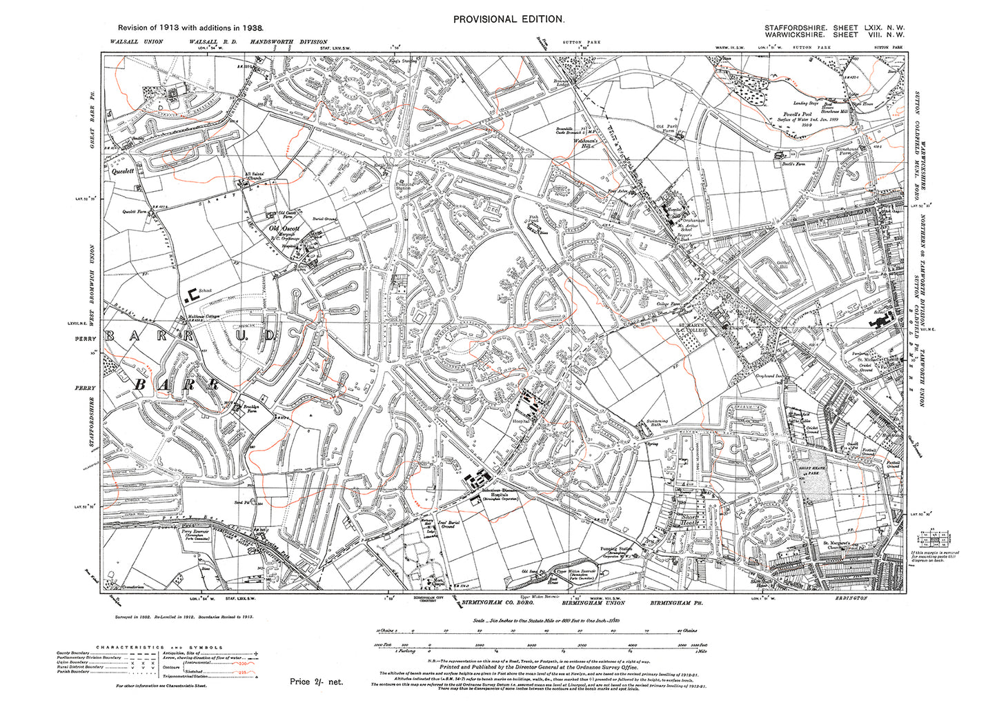 Perry Barr, Old Oscott, old map Staffs 1938: 69NW