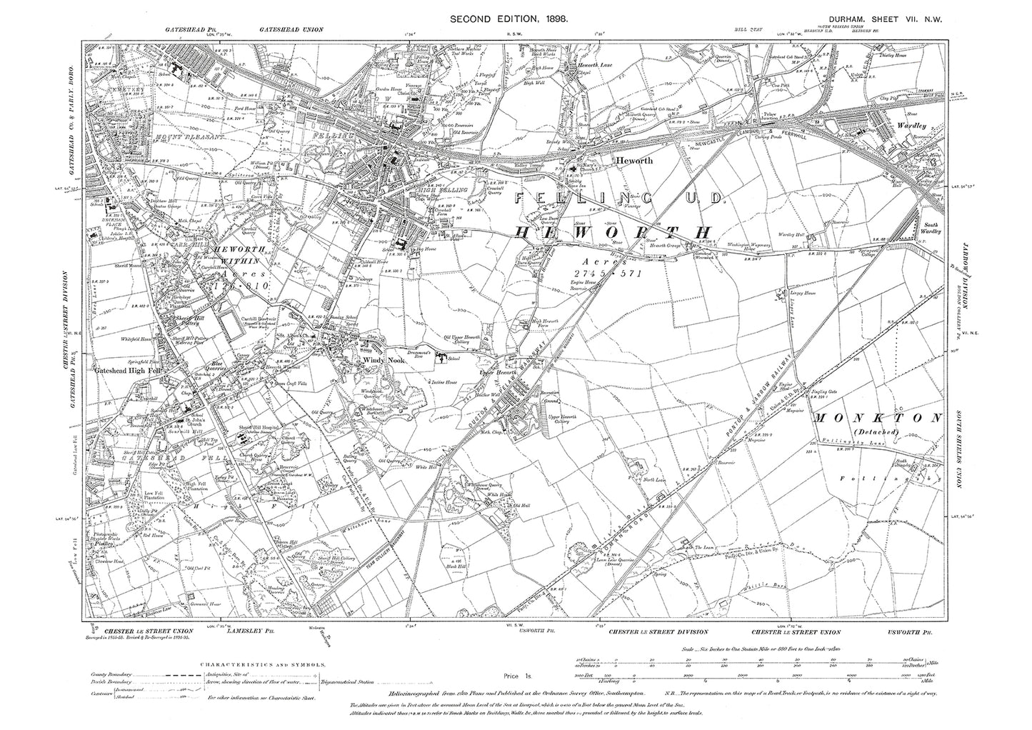 Old OS map dated 1898, showing Heworth and Windy Nook in Durham - 7NW