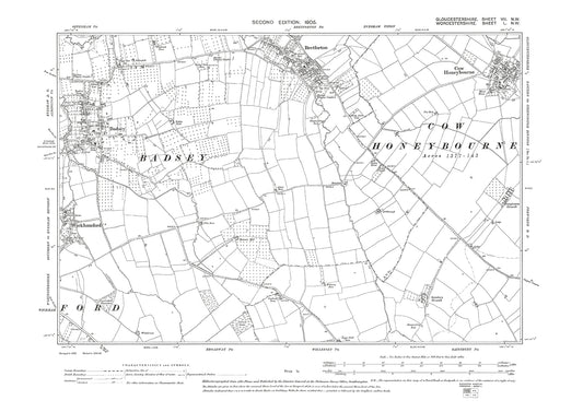 Old OS map dated 1903, showing Badsey, Wickhamford, Bretforton, Cow Honeybourne in Gloucestershire - 7NW
