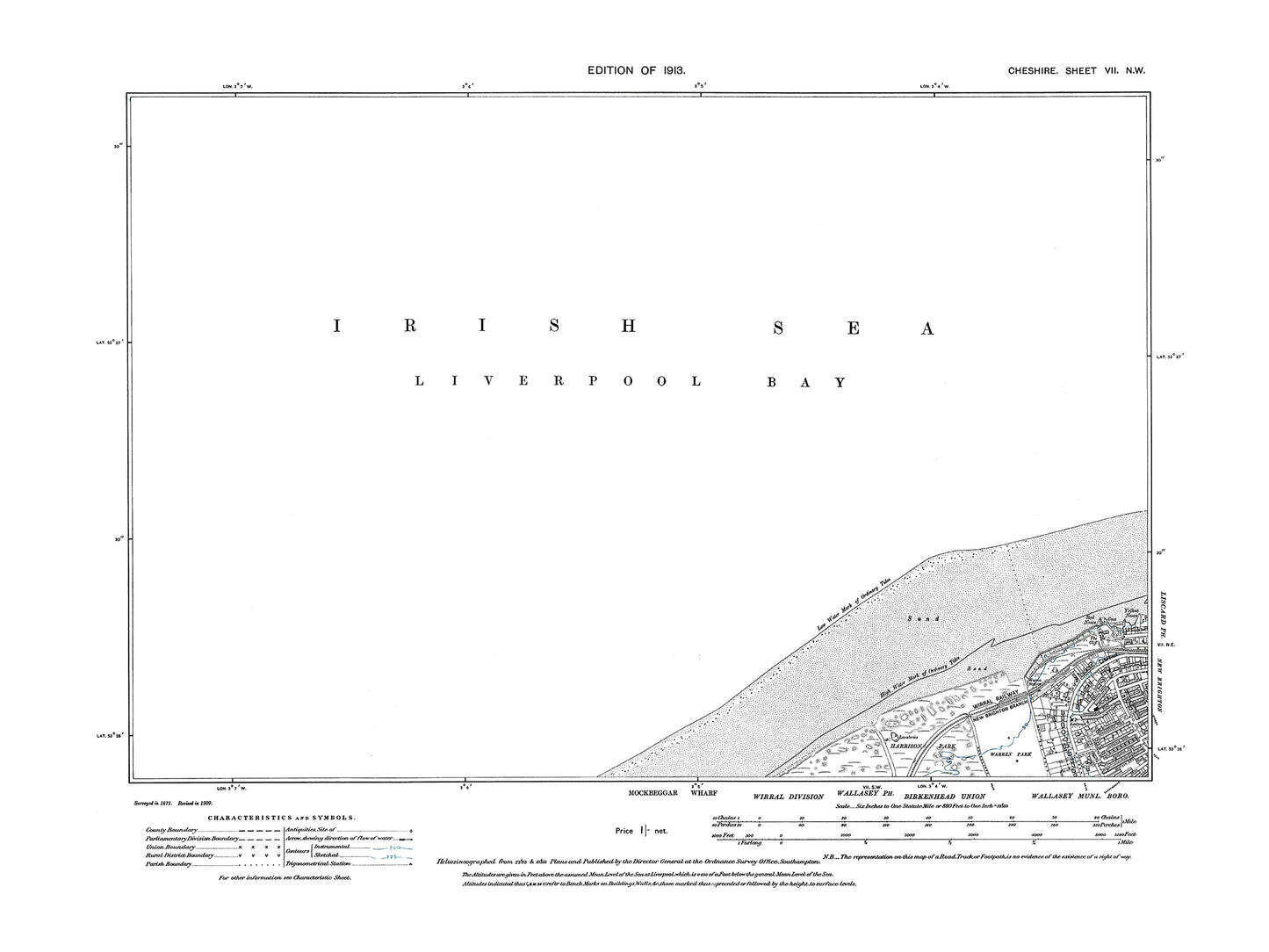 Old OS map dated 1913, showing New Brighton (west) in Cheshire 7NW