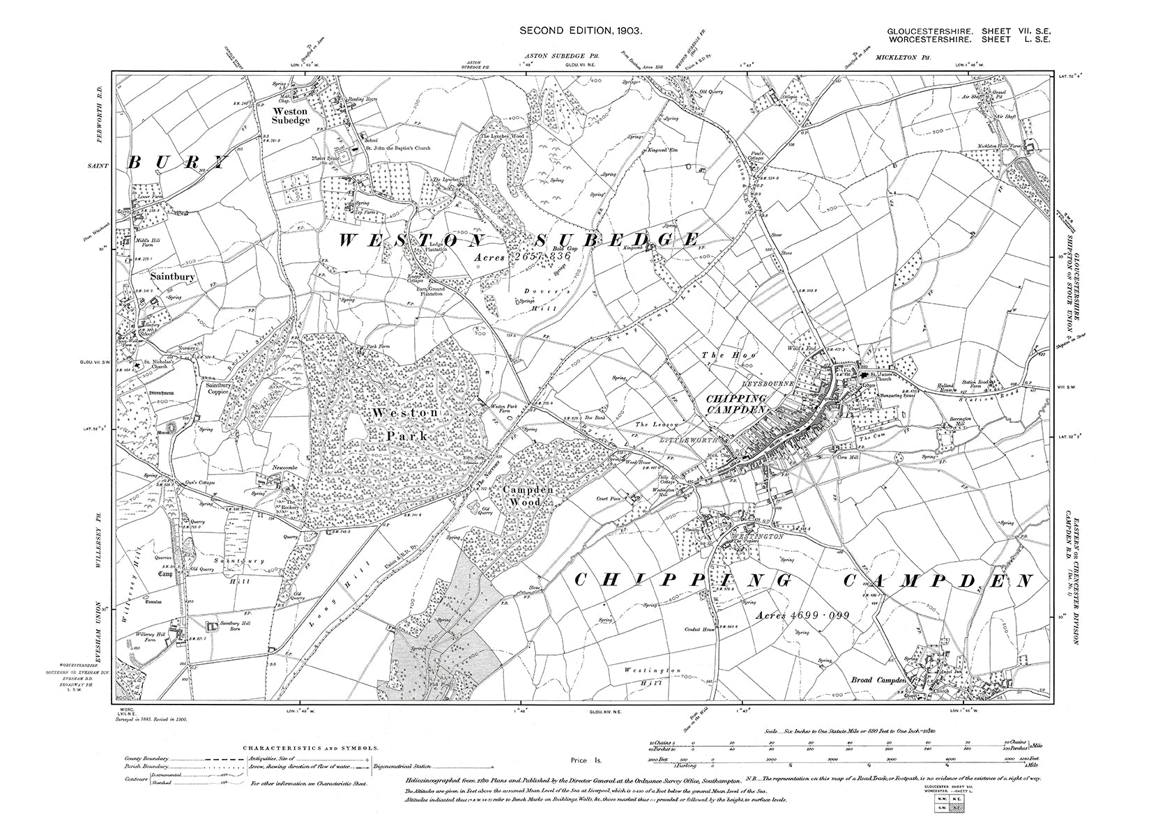 Old OS map dated 1903, showing Saintbury, Weston Subedge, Chipping Cam ...