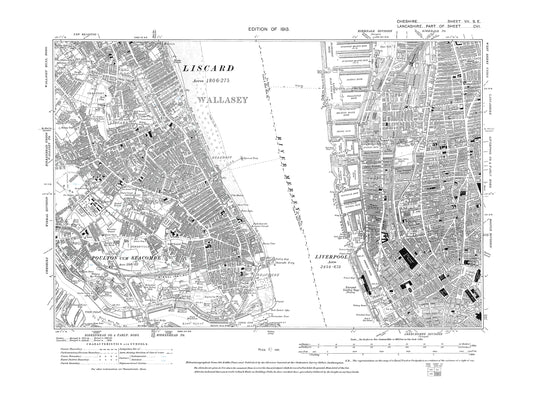 Old OS map dated 1913, showing Wallasey, New Brighton (south), Liscard in Cheshire 7SE