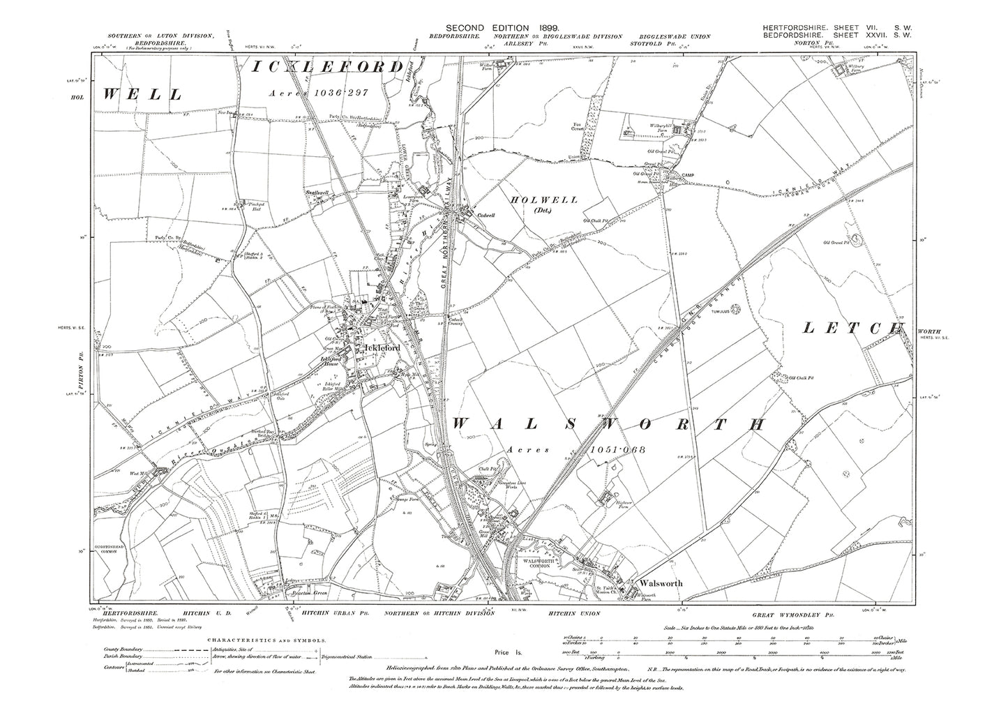 Old OS map dated 1899, showing Ickleford, Walsworth (north) in Hertfordshire - 7SW
