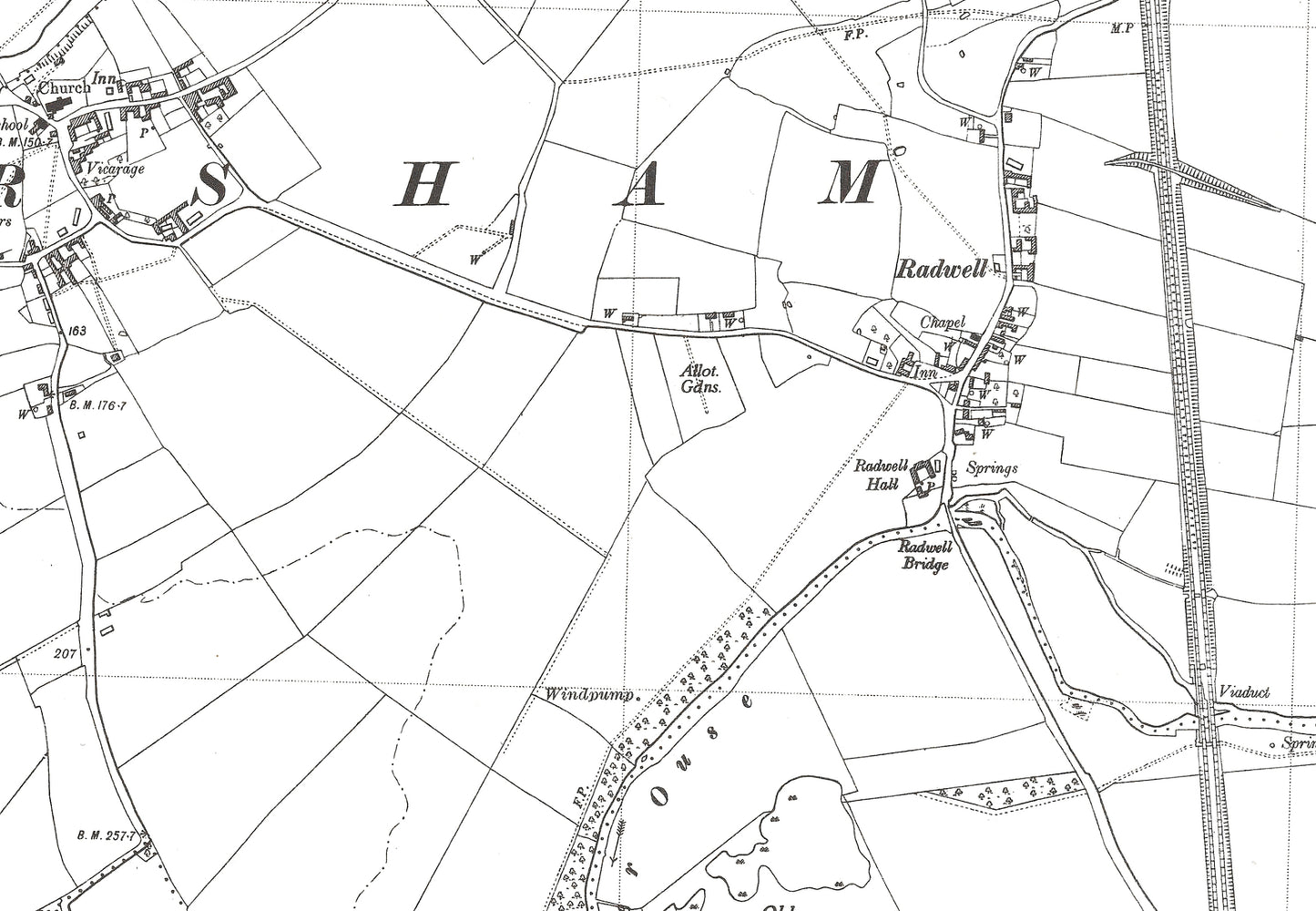 A 1950 map showing Milton Ernest (west), Felmersham, Pavenham and Radwell in Bedfordshire - A Digital Download 0f OS 1:10560 scale map, Beds 7SW