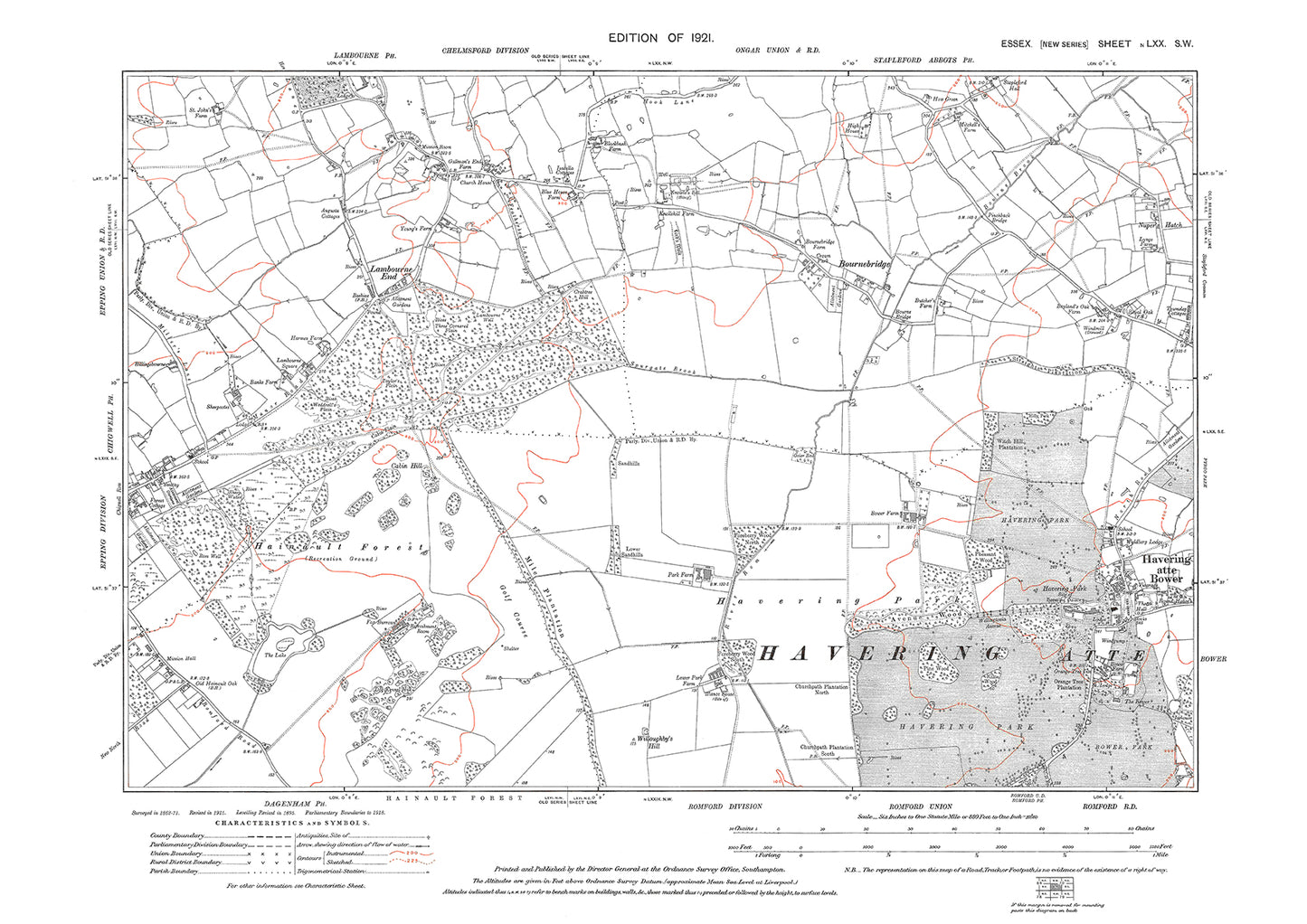Old OS map dated 1921, showing Chigwell (east), Havering atte Bower, Lambourne End and Bournebridge in Essex - 70SW