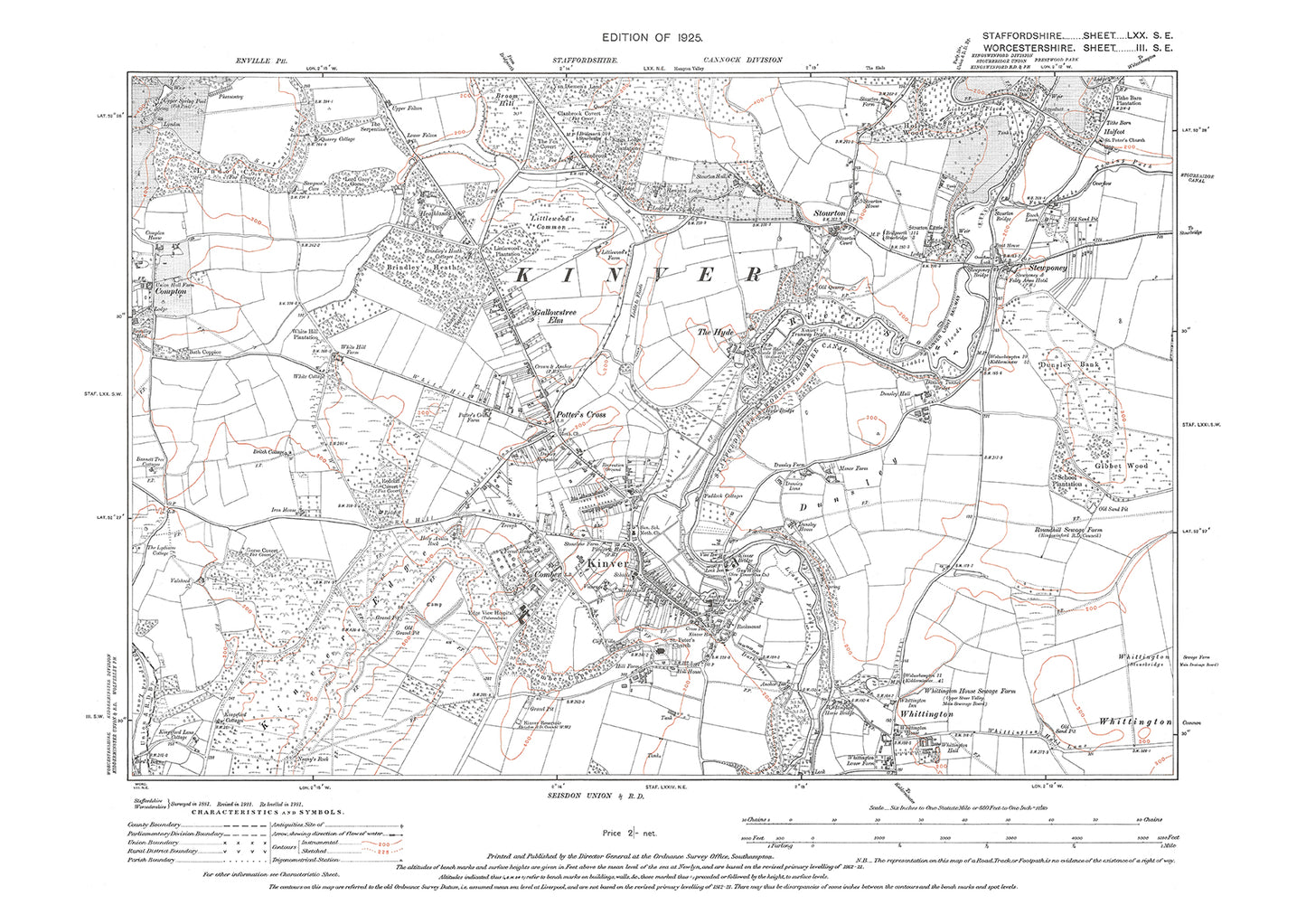 Kinver, Potter's Cross, Stourton, Stewpony, old map Staffs 1925: 70SE