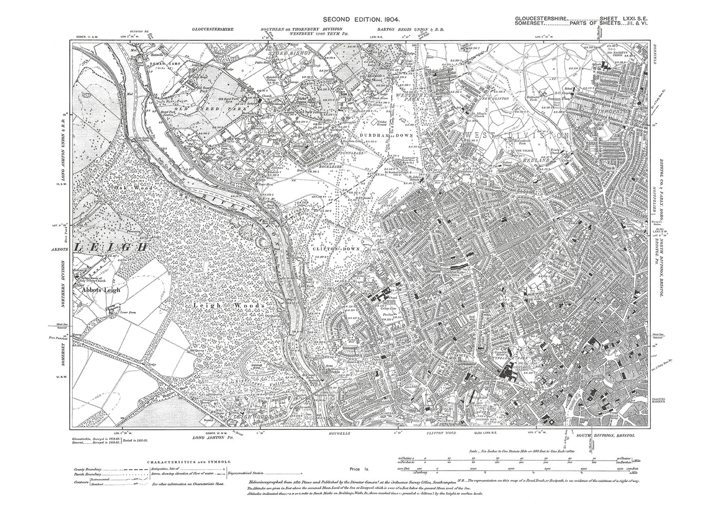 Old OS map dated 1904, showing Bristol Clifton, Stoke Bishop in Gloucestershire - 71SE