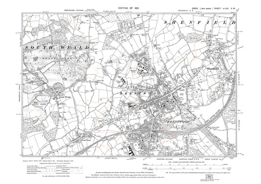 Old OS map dated 1921, showing Brentwood, Shenfield and South Weald in Essex - 71SW