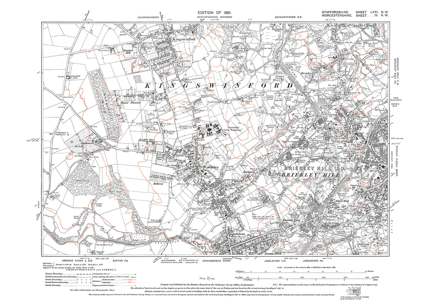 Kingswinford, Wordsley, Brettell Lane, Audnam, old map Staffs 1921: 71NW