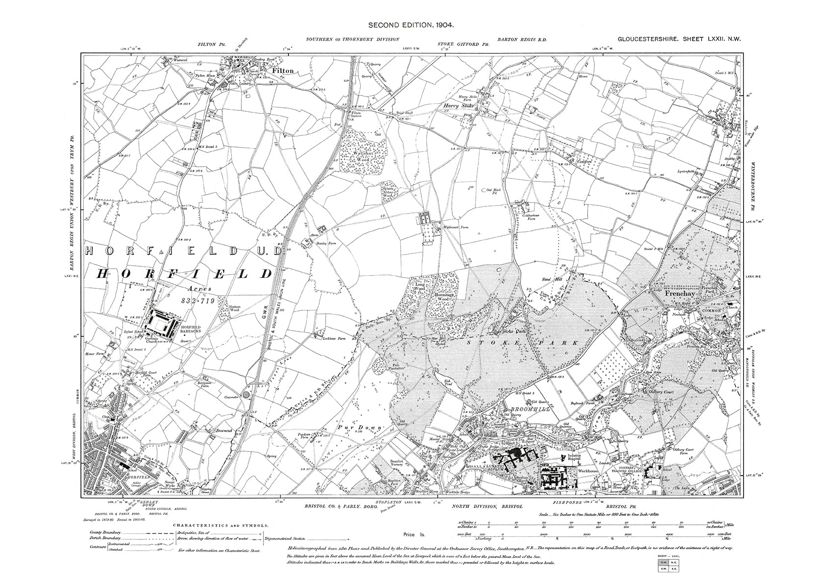 Old OS map dated 1904, showing Bristol Horfield, Fishponds (north), Fr ...