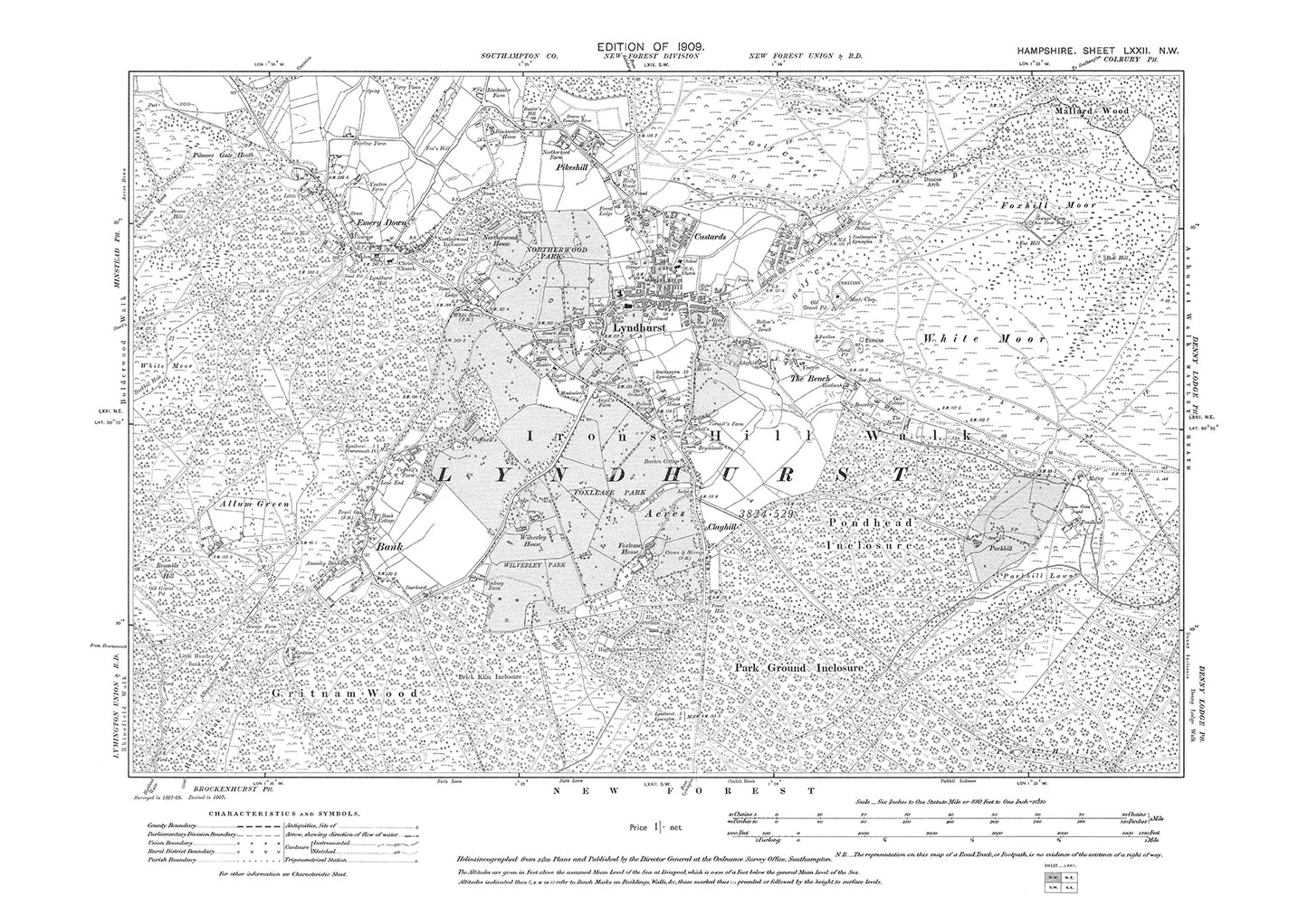 Old OS map dated 1909, showing Lyndhurst, Bank, Emery Down, Pikeshill in Hampshire - 72NW