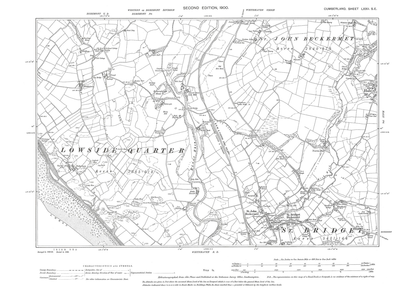 Old OS map dated 1900, showing St Briget Beckermet, Hale (west) in Cumberland - 72SE