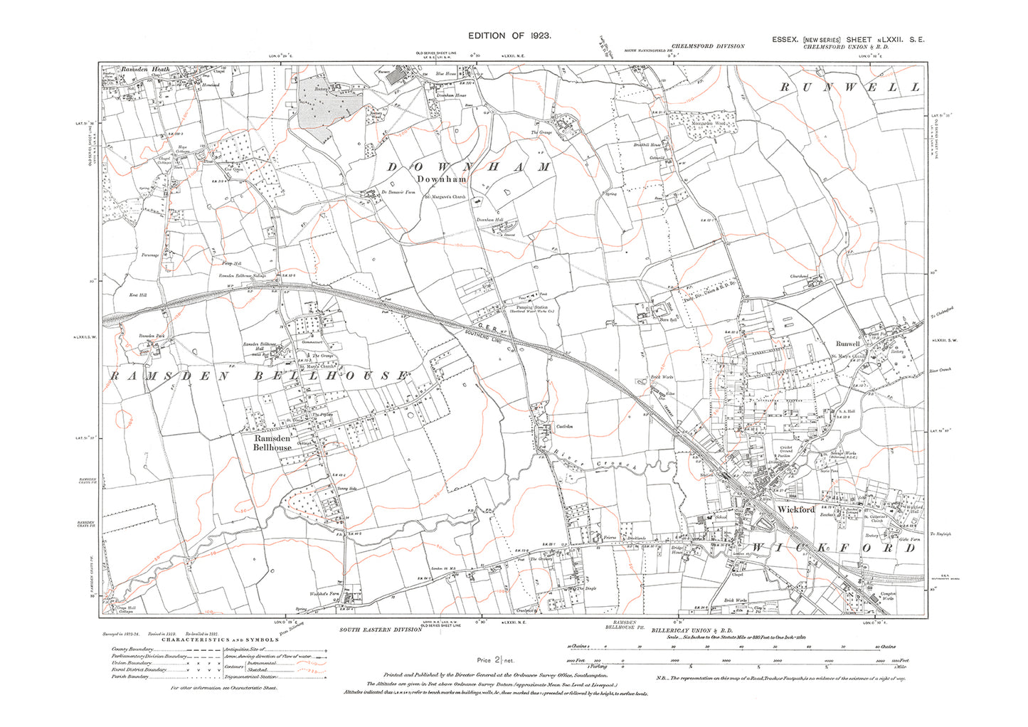 Old OS map dated 1923, showing Wickford, Ramsden Bellhouse, Runwell and Downham in Essex - 72SE
