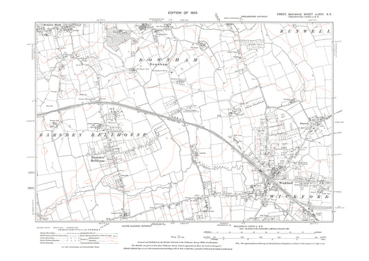 Old OS map dated 1923, showing Wickford, Ramsden Bellhouse, Runwell and Downham in Essex - 72SE