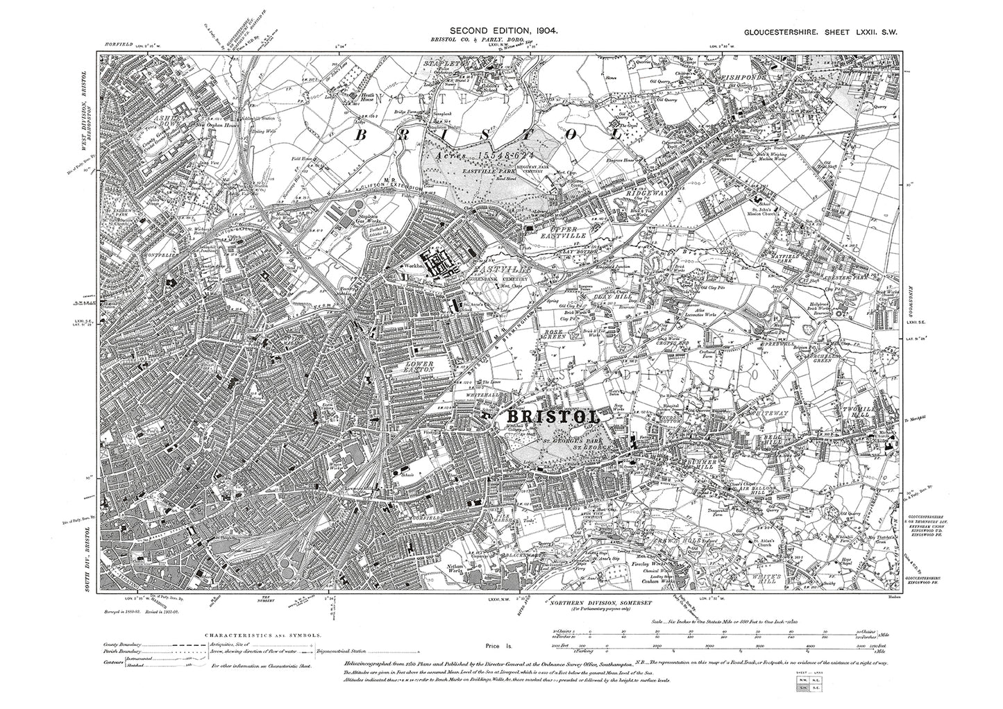 Old OS map dated 1904, showing Bristol in Gloucestershire - 72SW