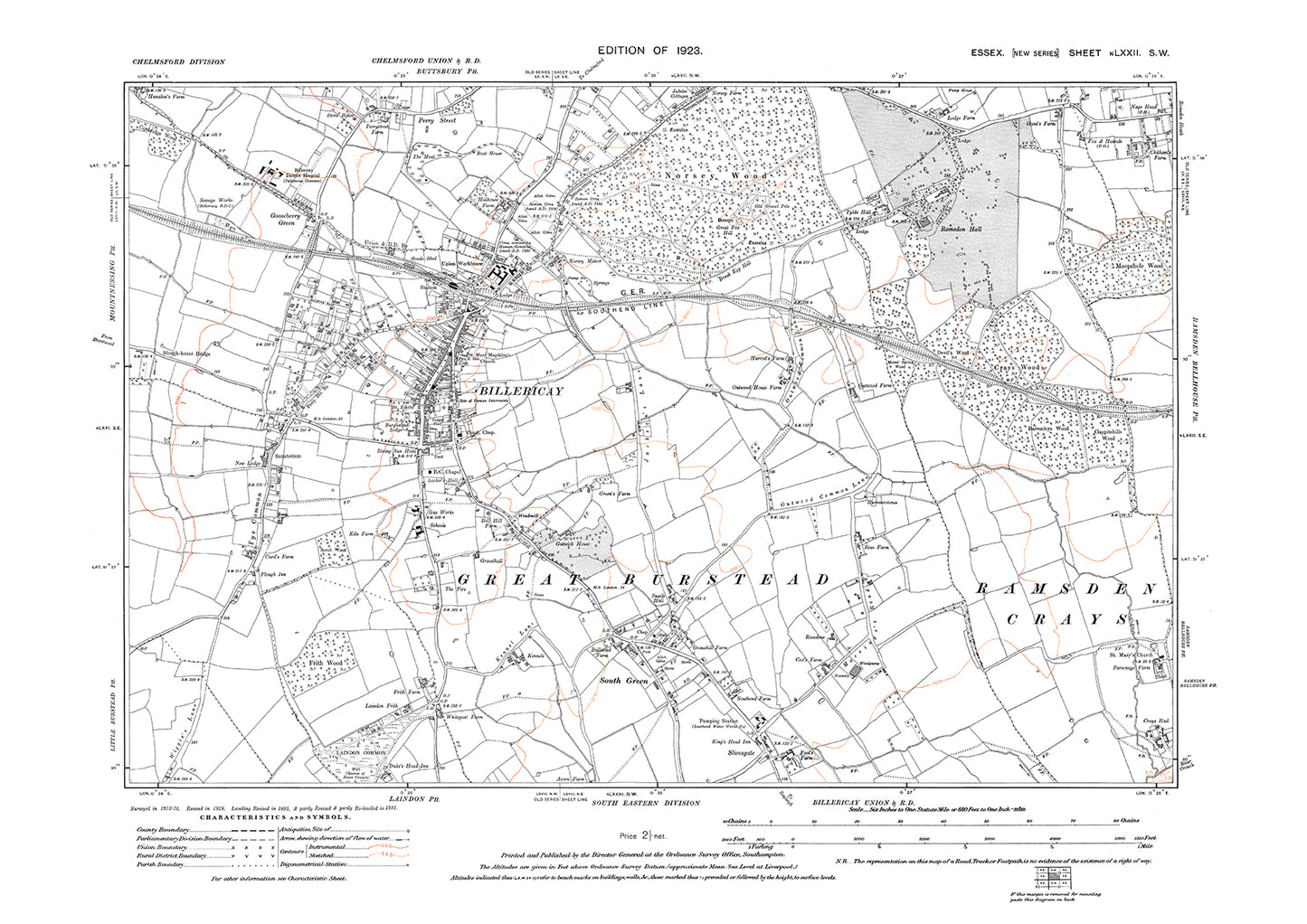 Old OS map dated 1923, showing Billericay and South Green in Essex - 72SW