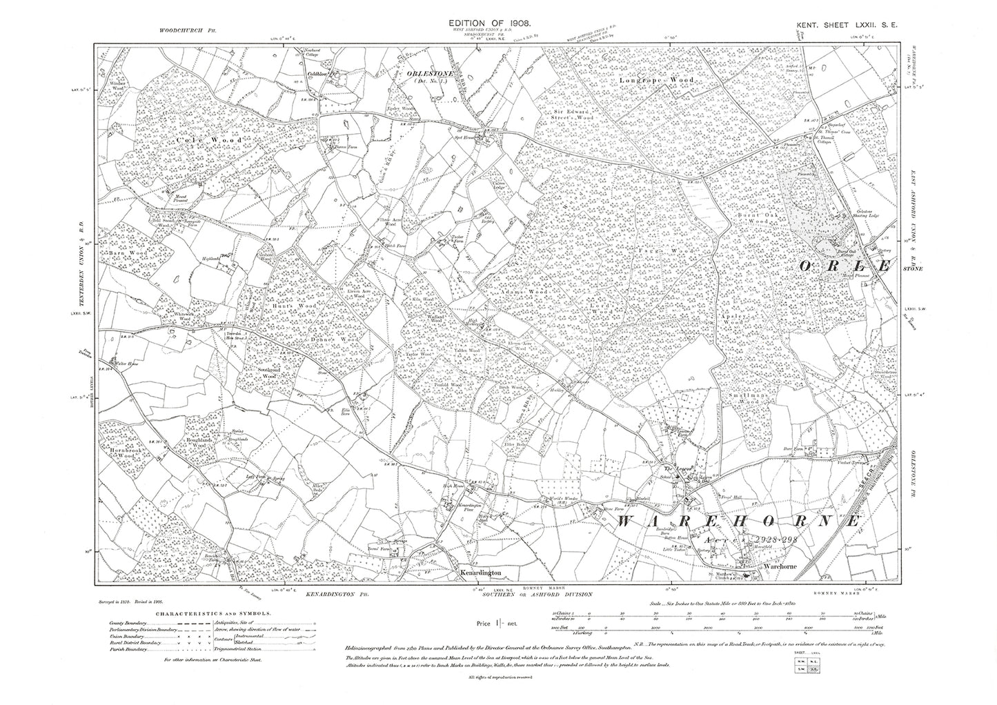 Warehorne, old map Kent 1908: 72SE