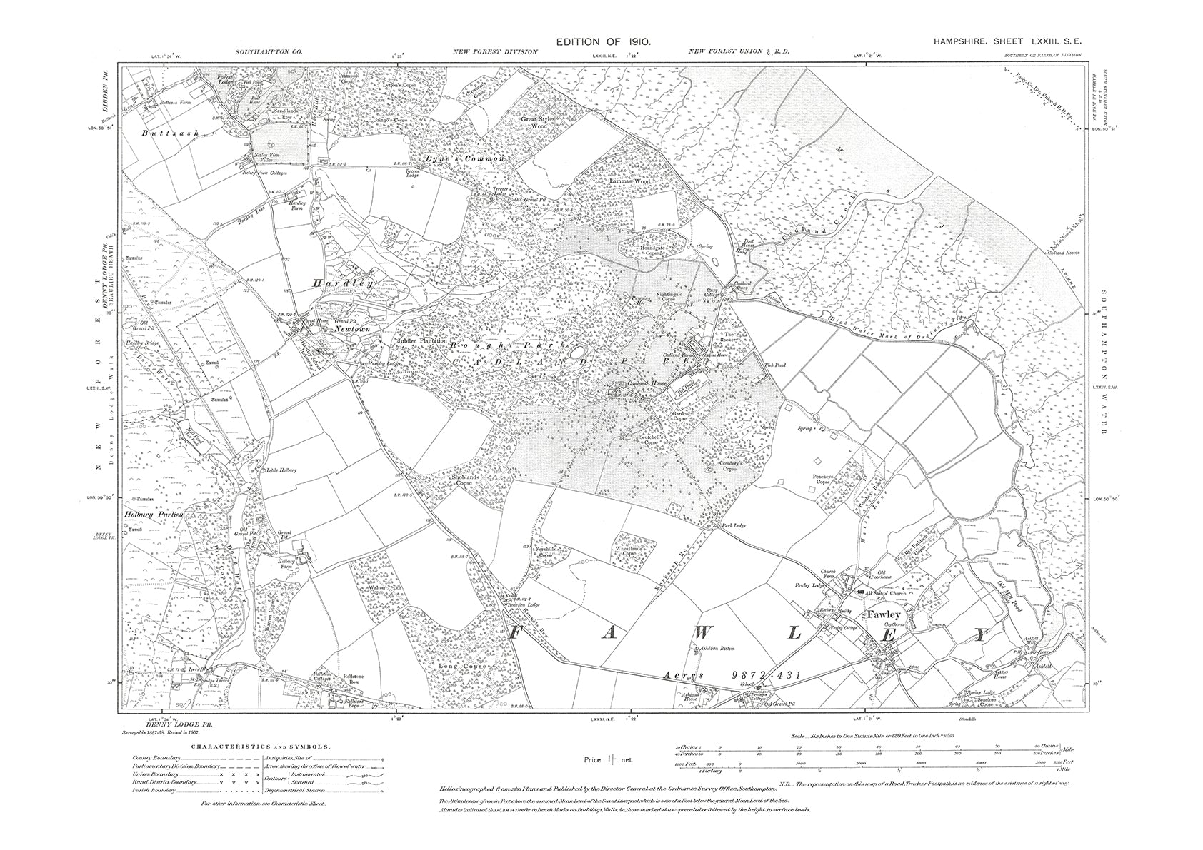 Old OS map dated 1910, showing Hardley, Fawley, Buttsash in Hampshire ...