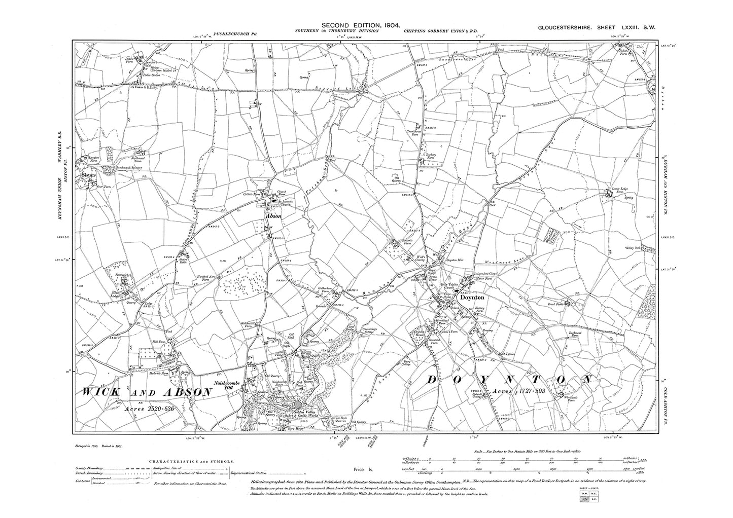 Old OS map dated 1904, showing Doynton, Naishcoombe Hill in Gloucestershire - 73SW