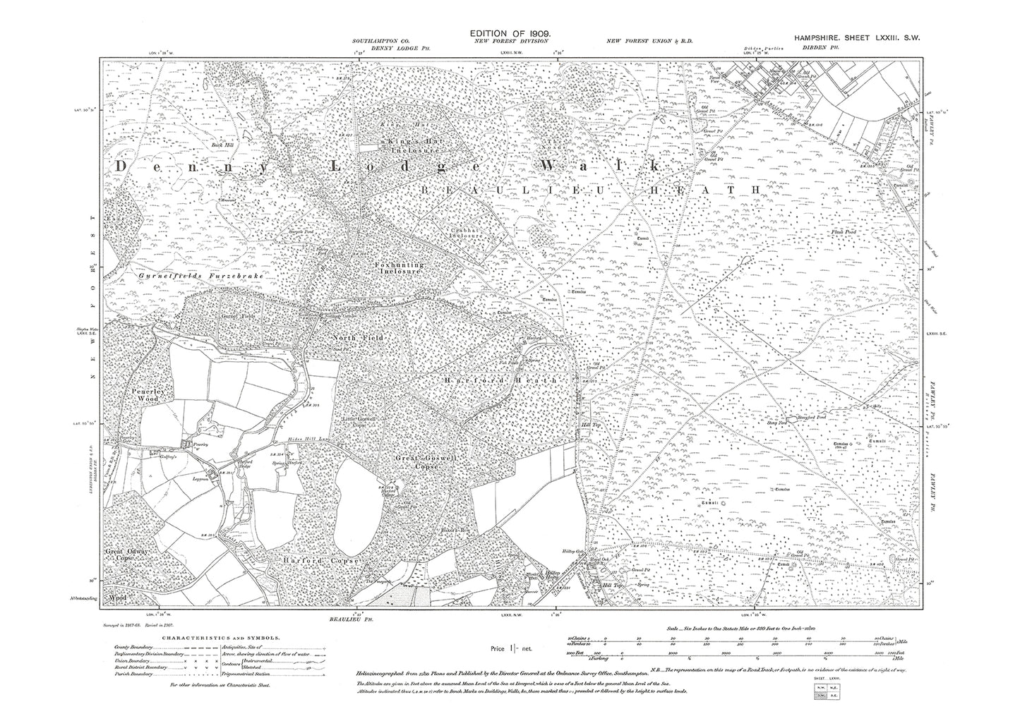 Old OS map dated 1909, showing Dibden Purlieu in Hampshire - 73SW