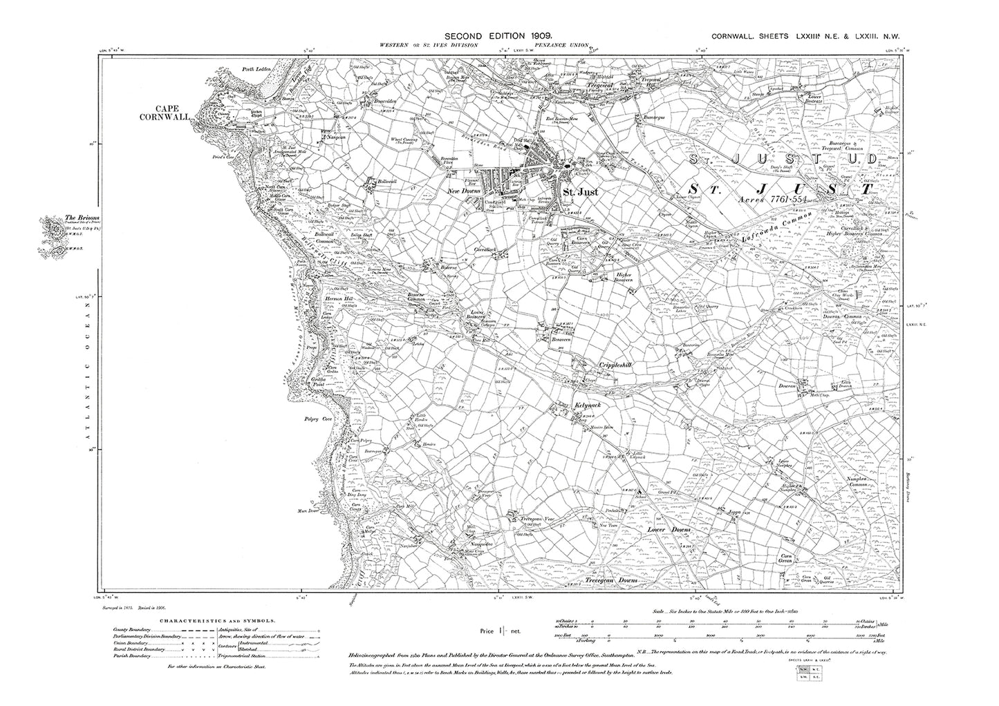 Sancreed, Newbridge, Grumbla, old map Cornwall 1908: 73NE-NW