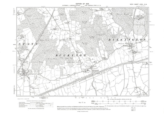 Ruckinge, Bilsington, Ham Street, Orlestone, old map Kent 1908: 73SW